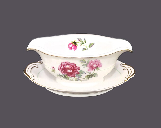 Kyoto Peony twin-spout gravy boat with attached under-plate made in Japan.