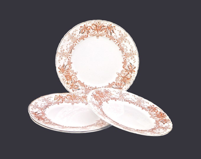 Four antique Edwardian Age Dudson, Wilcox & Till Corona Brown dinner plates made in England.