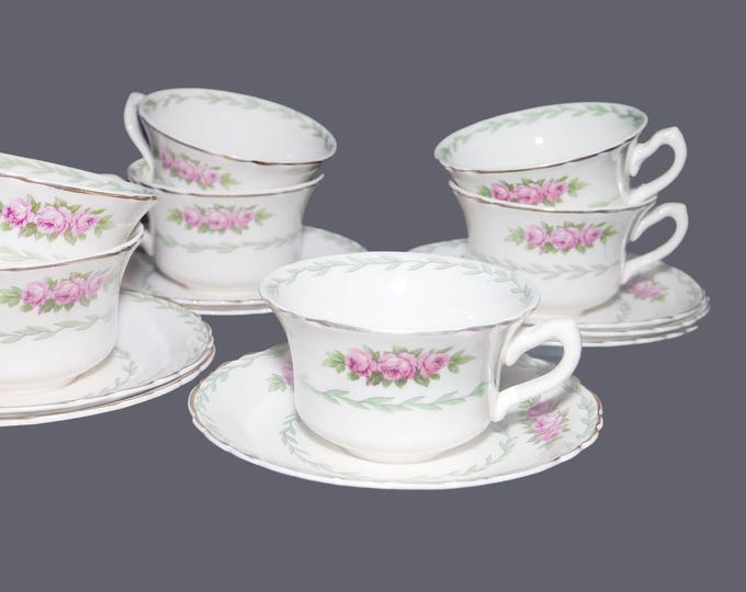 Vintage Royal Staffordshire pattern 1298 Cup and Saucer Sets: Pink Rose Trio. 7 sets.