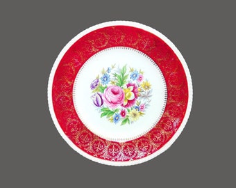 Fondeville Athlone maroon florals and filigree dinner plate. Ambassador Ware ironstone made in England.