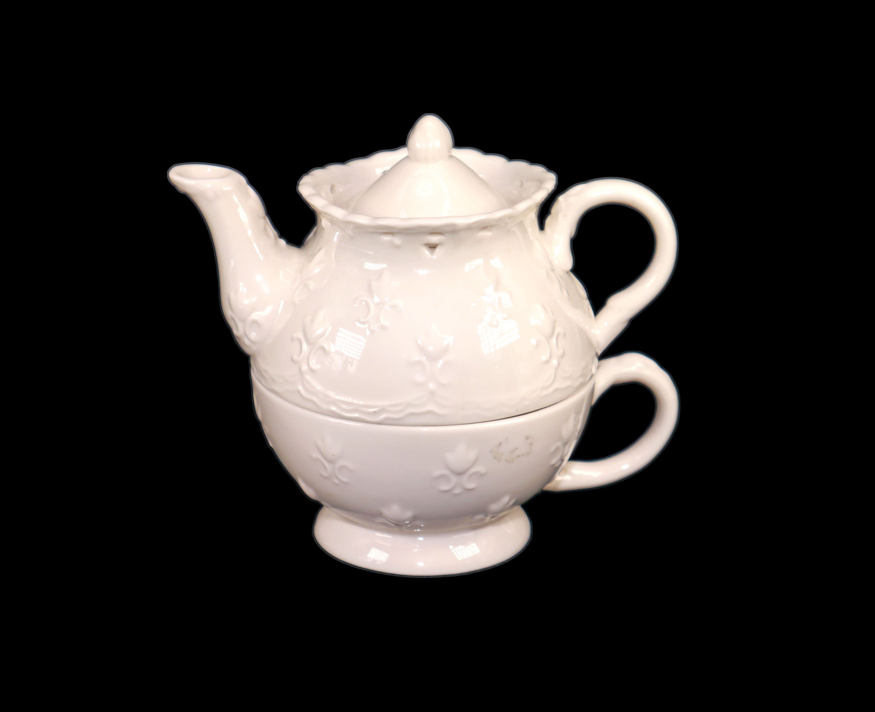 Skye McGhie Cream Lace teaforone stackable onecup teapot with cup.