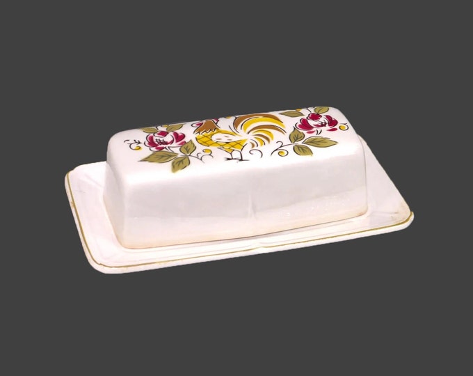 Mikasa Heritage covered stoneware butter dish. Rooster, florals made in Japan. Flaw.