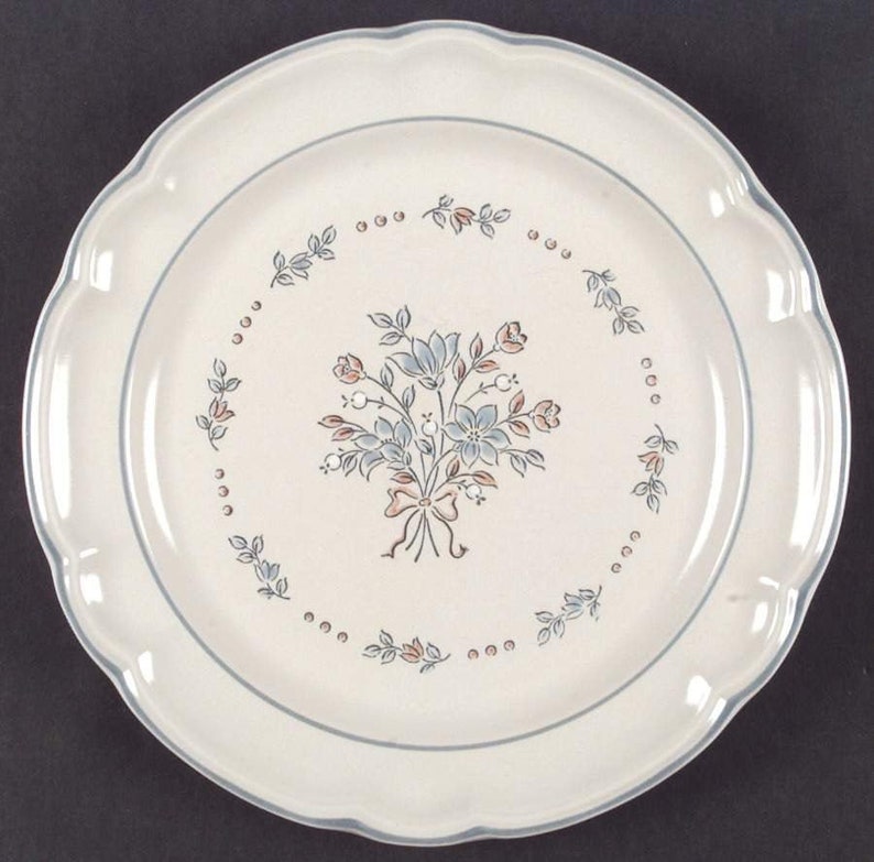 Vintage Made in Japan. charger Blue flowers embossed details brown ribbons 1980s Cordella Bluet large stoneware dinner plate