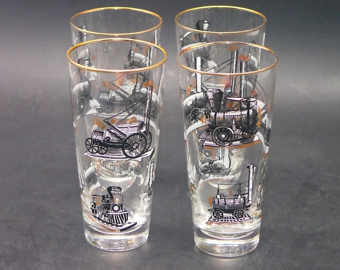 Vintage Libbey Steampunk Etched-Glass Tumblers: Gold Rim Train Glasses, Set of 4