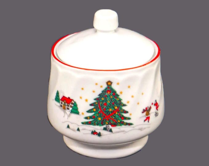 Vintage Kopin Christmas Pleasure covered sugar bowl with red trim. Flaws.
