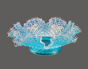 Blue Chalet Glass Hobnail Glass bowl with ruffled edge.