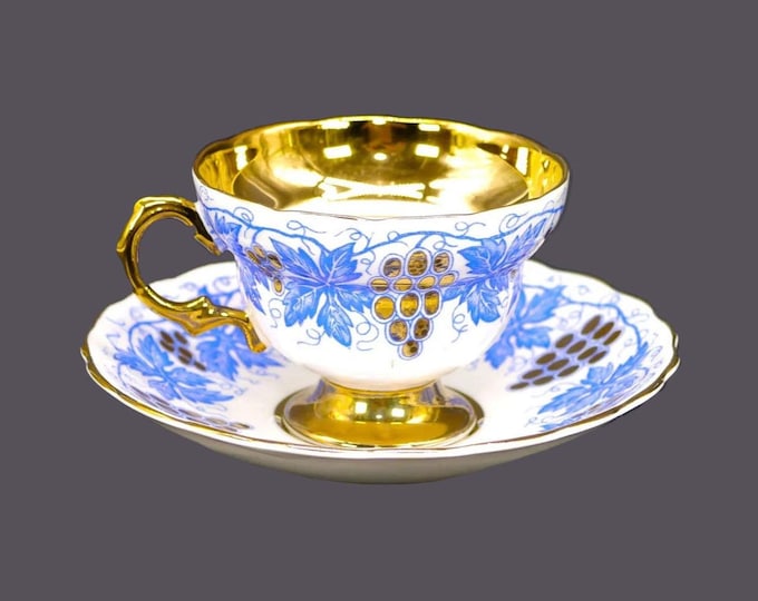 Rosina 5422 hand-decorated bone china tea set. Blue leaves, golden grapes. Made in England.