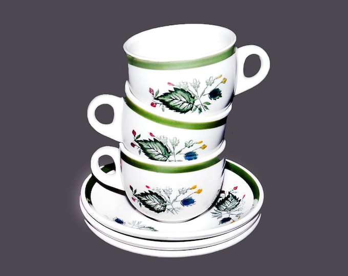 Three John Maddock & Sons Merry Leaves cup and saucer sets. Ultra vitrified hotelware | restaurantware made in England.