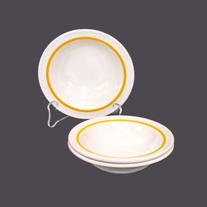 Three Steelite rimmed fruit nappies, dessert bowls. Bright yellow band. Vintage Hotelware made in England.