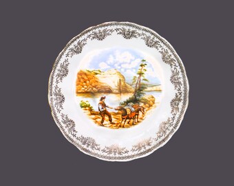 Gainsborough cabinet plate. Gold filigree, man, mules, river mountain scene.