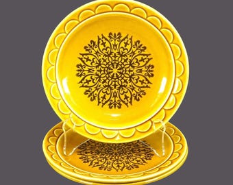 Three Homer Laughlin Gold Cortez | Coventry stoneware salad plates. Castilian stoneware made in USA.