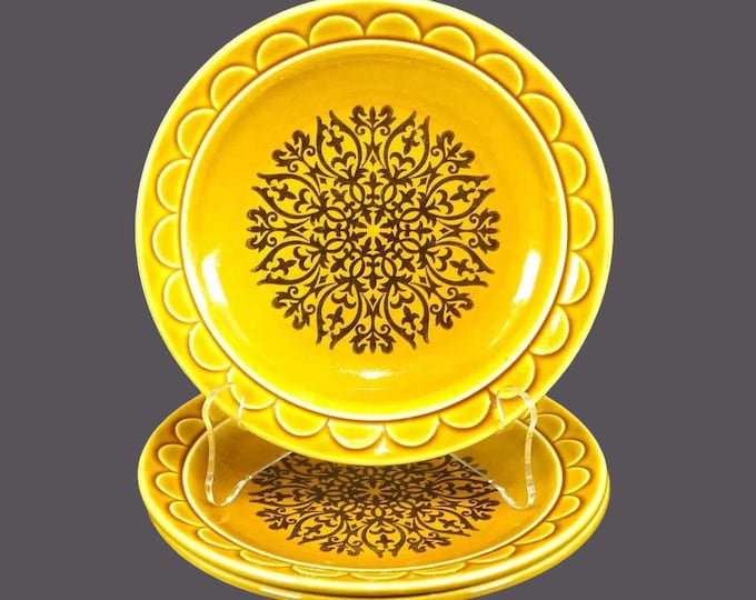 Three Homer Laughlin Gold Cortez | Coventry stoneware salad plates. Castilian stoneware made in USA.