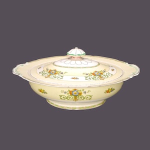 May include: A vintage yellow and white ceramic serving bowl with a lid. The bowl has a floral design with green, blue, and orange accents. The lid has a green and white floral design.