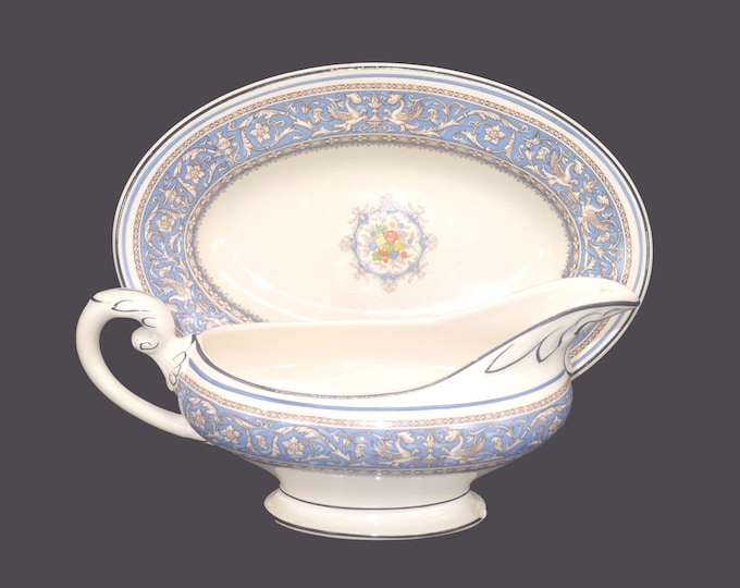 Vintage Myott Medici Sky Blue gravy boat and under-plate: England. Dragons, fruit.