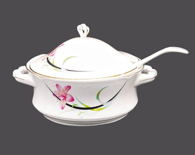 Chodziez covered serving bowl | tureen with ladle. Pink flowers, black line, greenery. Made in Poland.