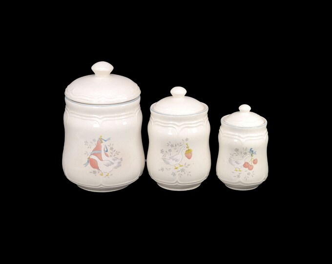Three International Stoneware Marmalade canisters made in Taiwan. Geese with ribbons. Flaw (see below).