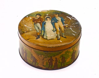 Huntley & Palmers round cookie tin "Two Strings to Her Bow" John Pettie. Made in England.