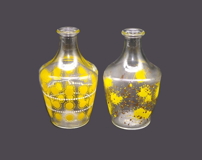 Pair of Atomic Age etched-glass decanters | carafes. Yellow dots and splotches. Made in France.