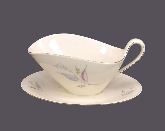 Mitterteich gravy boat with attached under-plate. Pink and gray leaves, smooth gold trim. Made in Bavaria. Flaws (see below).