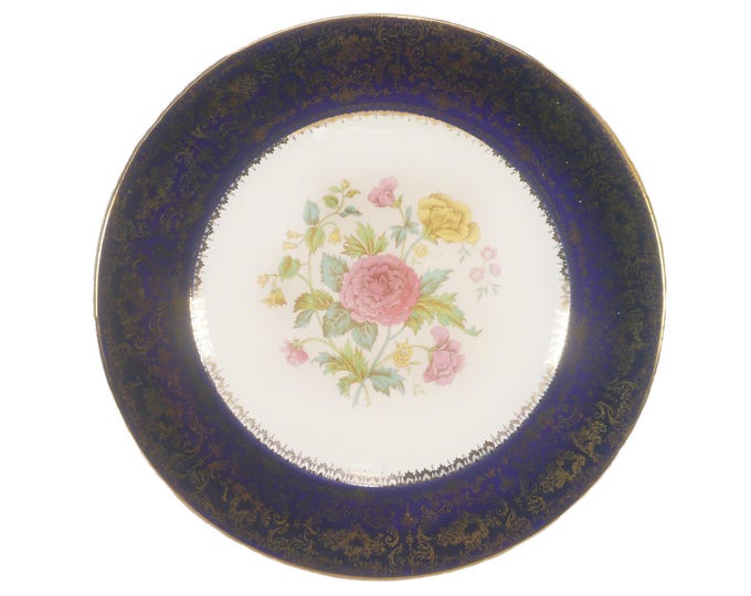 Salem China SLM270 service plate or charger. Cobalt rim with filigree, central florals. Made in USA.