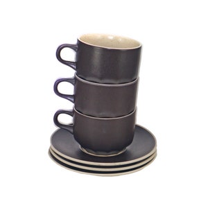 Vintage Mikasaschorsbruine kop en schotelsets. Indiaas feeststeengoed Japan. (3 setjes)