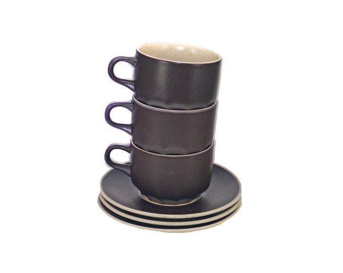 Three Mikasa Bark Brown DE800 stoneware cup and saucer sets. Indian Feast stoneware made in Japan.