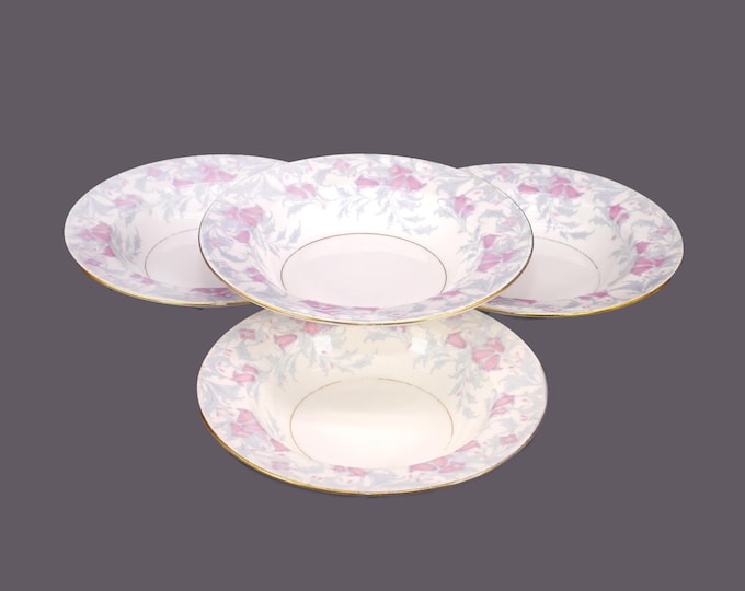 Four Minton The Debutante | Debutante Gray rimmed soup bowls. Bone china made in England. Gold edge, verge. Flaws (see below).