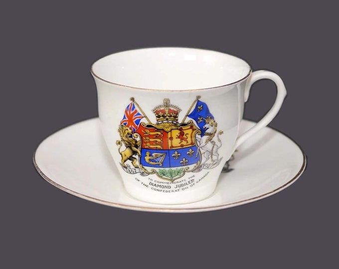 Almost antique Aynsley Diamond Jubilee of Canadian Confederation cup and saucer set. Canadiana made in England. Flaw (see below).