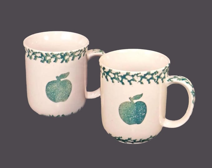 Pair of Tienshan Apple Green stoneware coffee or tea mugs. Folk Craft stoneware.