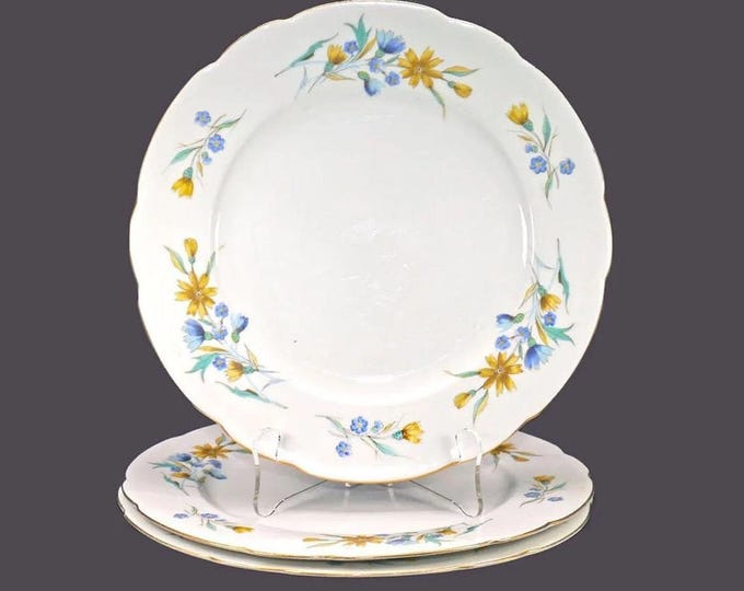 Three Cmielow large dinner plates made in Poland. Blue, yellow dragon flowers. Flaws (see below).