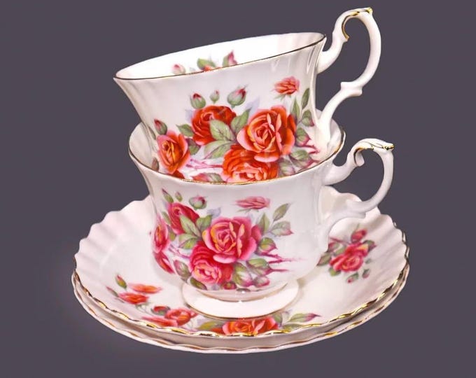 Pair of Royal Albert Centennial Rose cup and saucer sets. Bone china made in England.