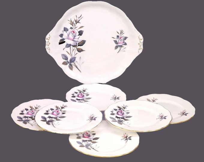 Royal Albert Queen's Messenger dessert plate set. Lugged serving plate, six tea plates. Bone china made in England.