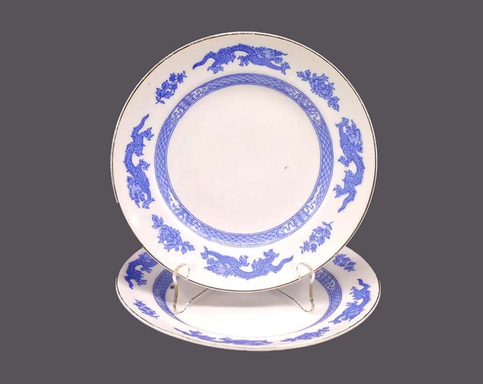 Pair of George Jones & Sons | Crescent Pottery Dragon blue-and-white Chinoiserie salad plates made in England.