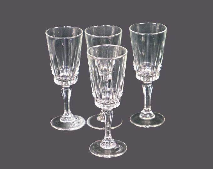 Four Longchamp horizontal-cut crystal fluted cordial glasses made in France by Crystal d'Arques Durand.