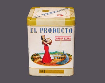 Mid-century El Producto Corona Extra 50-cigar lidded tin. Simon Cigar Montreal. Gift for him. Gift for dad.