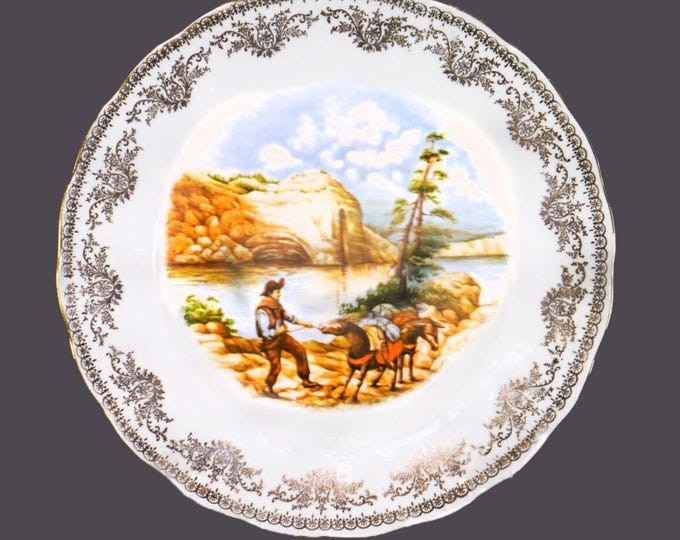Gainsborough cabinet plate. Gold filigree, man, mules, river mountain scene.
