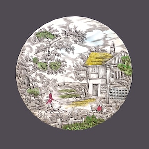 Myott The Hunter Multicolor transferware dinner plate made in England featuring The Swan Inn. Sold individually.