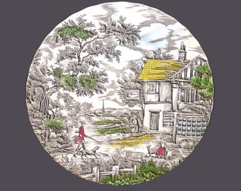 Vintage Myott The Hunter Multicolor dinner plate made in England. The Swan Inn.