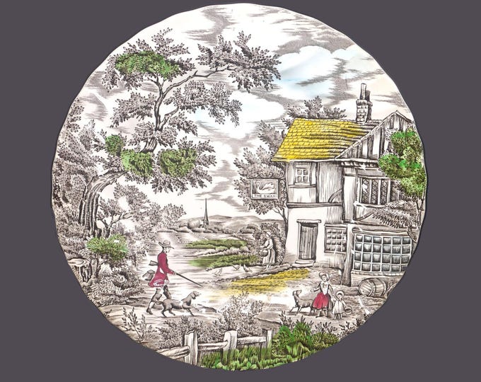 Myott The Hunter Multicolor transferware dinner plate made in England featuring The Swan Inn. Sold individually.