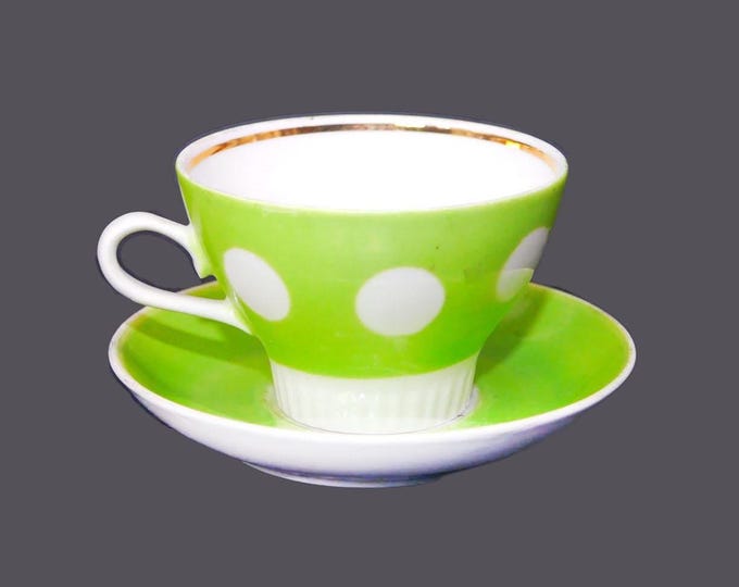 Riga Porcelain Factory green white polka dot cup and saucer set made in USSR.