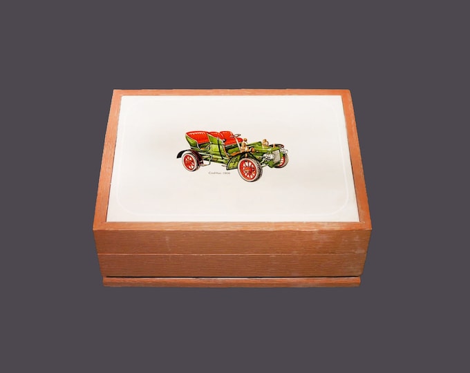 Jasco wooden men's jewelry or cigar box. Solid wood, ceramic hinged lid features 1906 Cadillac car.