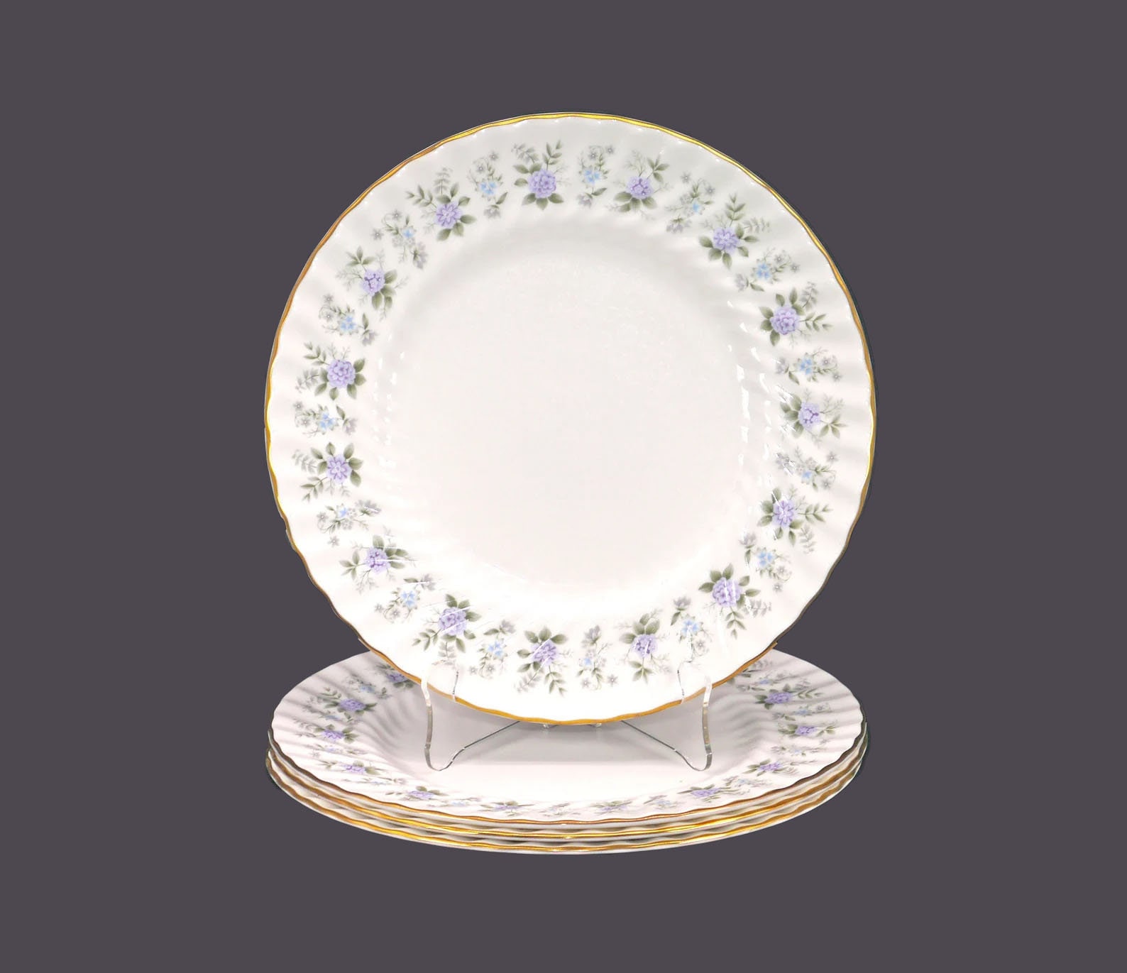 Four Minton Alpine Spring large dinner plates. Bone china made in England.
