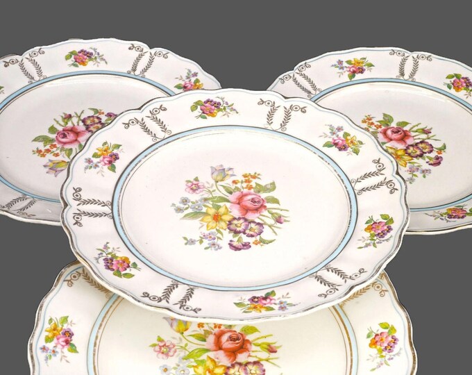 Four Grindley Delphine hand-decorated dinner plates. Marlborough Royal Petal Ironstone made in England.