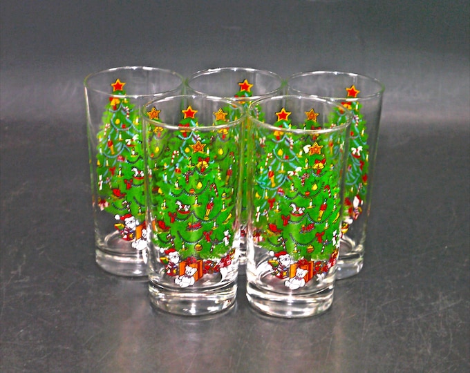 Five Luminarc | Crystal d'Arques-Durand Holiday Christmas tumblers. Etched-glass teddy bear, Christmas tree.