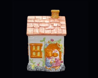 Cottage cookie jar. Mouse couple, Mice bride and groom in doorway of country cottage. Flaws (see below).