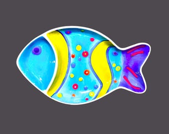 Vintage Boston Warehouse School's Out divided fish-shaped platter. Tropical colors. Flaw.