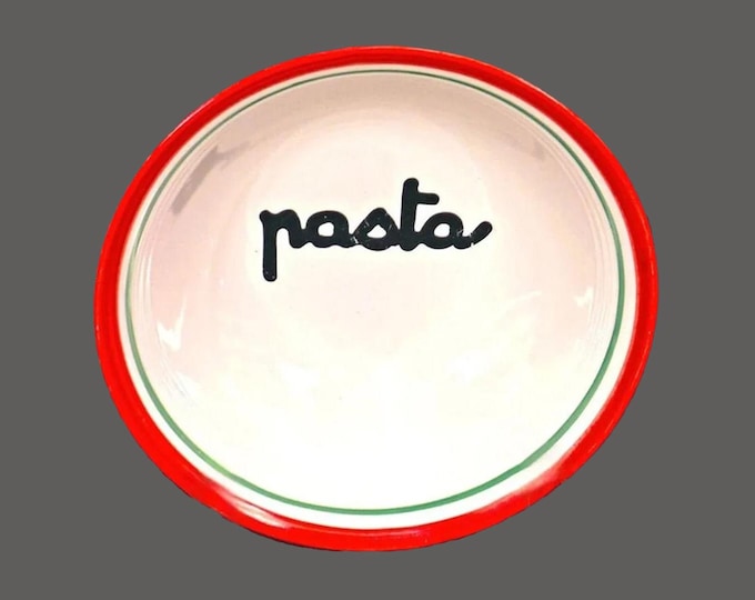 Certified International round pasta serving bowl. Pasta wording in black in center, red green bands.