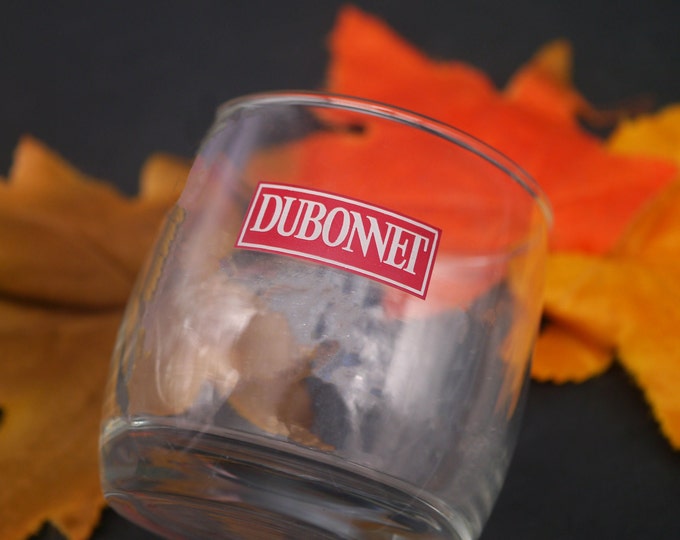 Dubonnet lo-ball, whisky, on-the-rocks glass. Etched-glass branding.