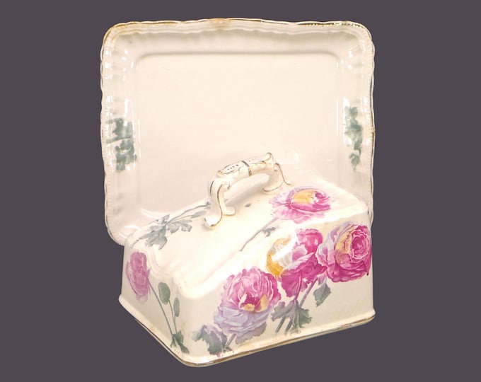 Antique Frank Anton Mehlem Royal Bonn hand-painted cheese or butter keeper. Pink flowers. Made in Germany. Flaws (see below).