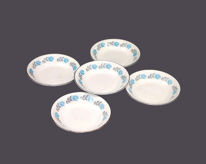 Five Barratts fruit nappies, dessert bowls made in England. Blue roses, gray leaves. Coordinates with BTT3.